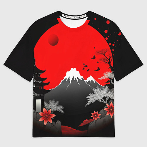 Мужская футболка оверсайз Японская гора и красная луна / 3D-принт – фото 1