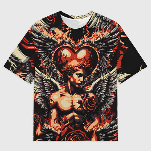 Мужская футболка оверсайз Ангел на фоне сердца в стиле татуировки / 3D-принт – фото 1