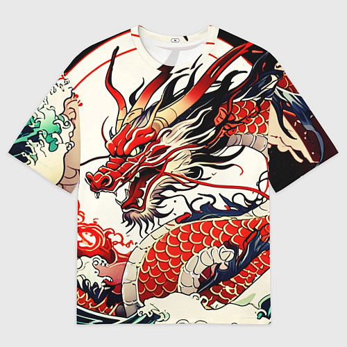 Мужская футболка оверсайз Красный дракон в японском стиле ирезуми / 3D-принт – фото 1