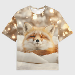 Мужская футболка оверсайз Сонная лисица зимой