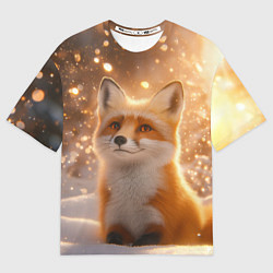 Мужская футболка оверсайз Рыжая лисичка в снежном лесу