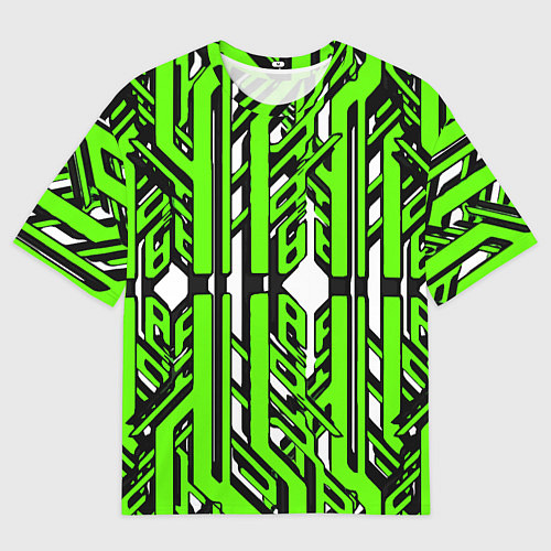 Мужская футболка оверсайз Чёрно-зелёные техно полосы на белом фоне / 3D-принт – фото 1