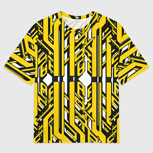Мужская футболка оверсайз Чёрно-жёлтые техно полосы на белом фоне / 3D-принт – фото 1