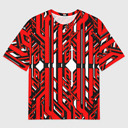 Футболка оверсайз мужская Чёрно-красные техно полосы на белом фоне, цвет: 3D-принт
