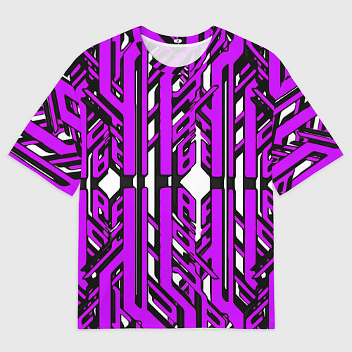 Мужская футболка оверсайз Чёрно-фиолетовые техно полосы на белом фоне / 3D-принт – фото 1