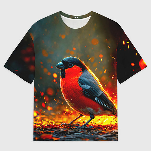 Мужская футболка оверсайз Снегирь в огне / 3D-принт – фото 1