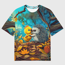 Мужская футболка оверсайз Милые ежик с цыпленком в осеннем лесу