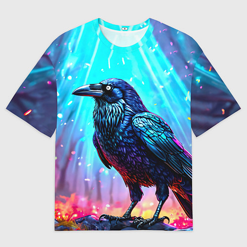 Мужская футболка оверсайз Черный ворон в неоне / 3D-принт – фото 1