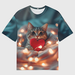 Мужская футболка оверсайз Кошка с сердцем