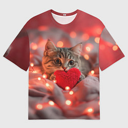 Мужская футболка оверсайз Кошечка с сердечком и с гирляндой