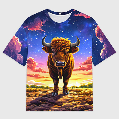Мужская футболка оверсайз Буйвол в звездной ночи / 3D-принт – фото 1