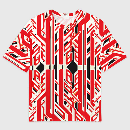 Мужская футболка оверсайз Бело-красные техно полосы на чёрном фоне / 3D-принт – фото 1