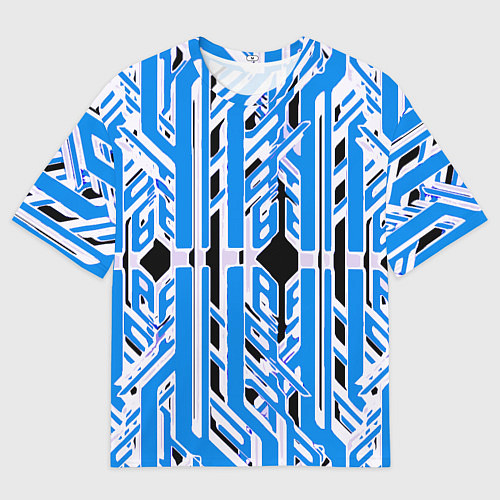 Мужская футболка оверсайз Бело-синие техно полосы на чёрном фоне / 3D-принт – фото 1