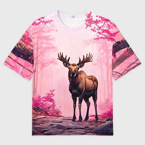 Мужская футболка оверсайз Лось в розовом лесу / 3D-принт – фото 1