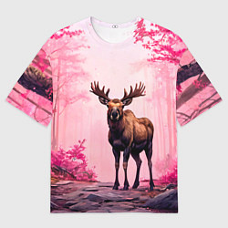 Мужская футболка оверсайз Лось в розовом лесу