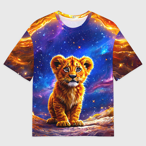 Мужская футболка оверсайз Львенок в звездную ночь / 3D-принт – фото 1