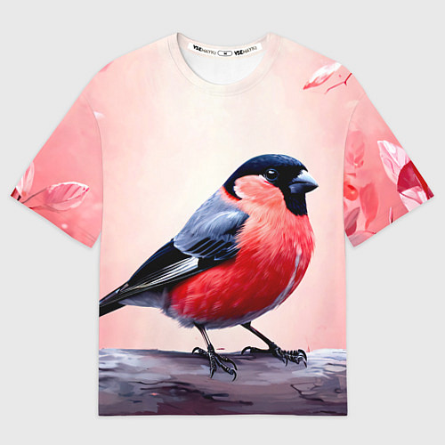 Мужская футболка оверсайз Снегирь на розовом / 3D-принт – фото 1
