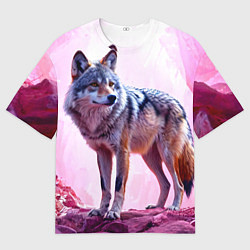 Мужская футболка оверсайз Волк в розовом