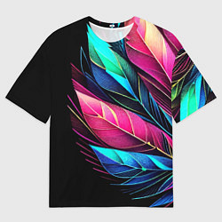 Футболка оверсайз мужская Букет из цветных перьев - неон, цвет: 3D-принт