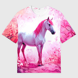 Мужская футболка оверсайз Белая лошадь с розовой гривой