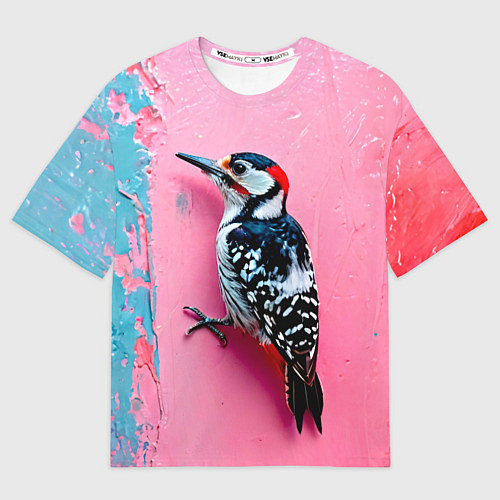 Мужская футболка оверсайз Дятел на розовой стене / 3D-принт – фото 1