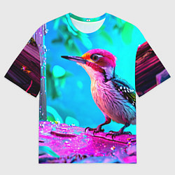 Мужская футболка оверсайз Дятел и яркий пейзаж