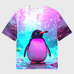 Футболка оверсайз мужская Пингвин в неоновых искрах, цвет: 3D-принт