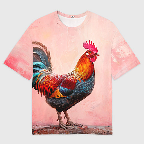 Мужская футболка оверсайз Петух на розовом / 3D-принт – фото 1
