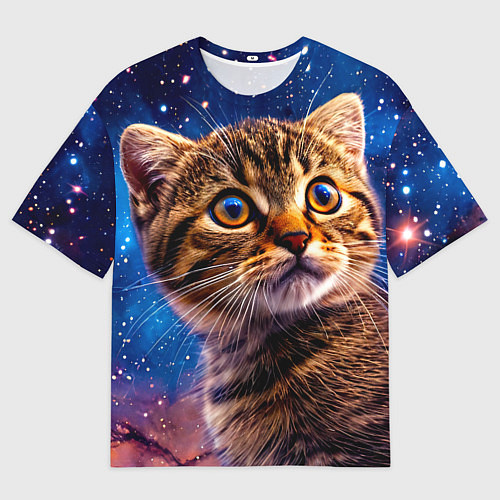 Мужская футболка оверсайз Шотландская прямоухая кошка в космосе / 3D-принт – фото 1