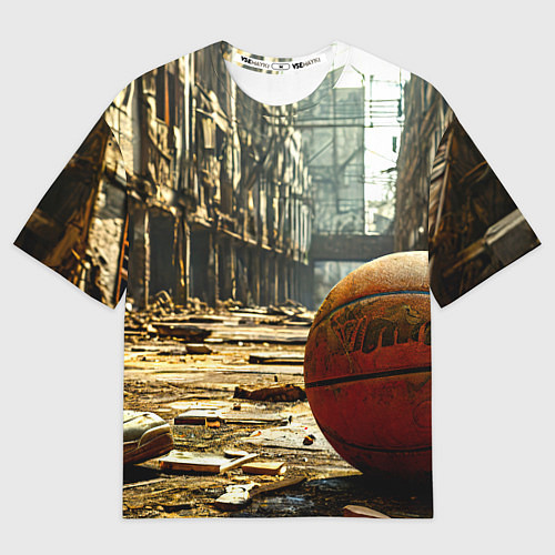 Мужская футболка оверсайз Баскетбольный мяч и город постапокалипсиса / 3D-принт – фото 1