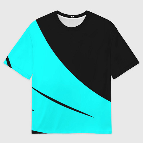 Мужская футболка оверсайз Чёрный и неоновый голубой двуцветный с полосой / 3D-принт – фото 1