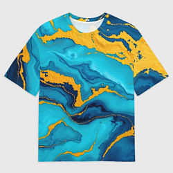 Футболка оверсайз мужская Синяя абстракция с золотым, цвет: 3D-принт