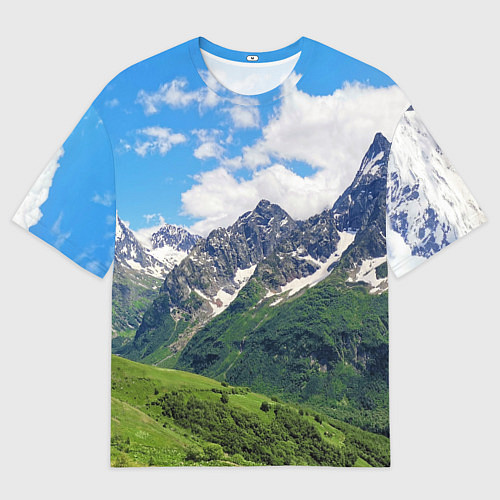 Мужская футболка оверсайз Домбай - горный пейзаж на Северном Кавказе / 3D-принт – фото 1