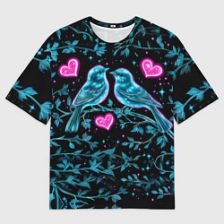 Футболка оверсайз мужская Неоновые птицы и сердечки, цвет: 3D-принт