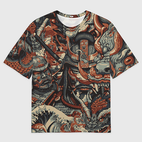 Мужская футболка оверсайз Драконы и самураи в стиле ирезуми / 3D-принт – фото 1