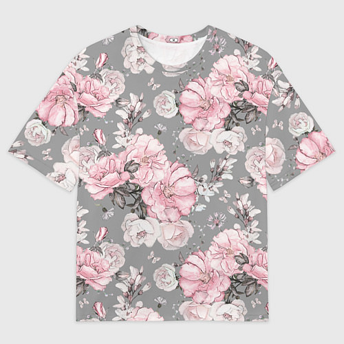 Мужская футболка оверсайз Розовые розы на сером / 3D-принт – фото 1