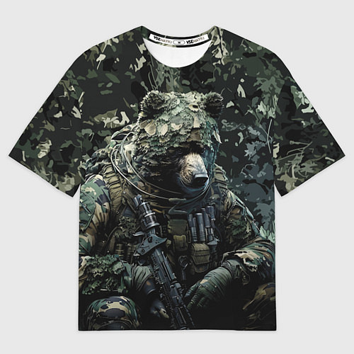 Мужская футболка оверсайз Медведь снайпер в лиственном камуфляже / 3D-принт – фото 1