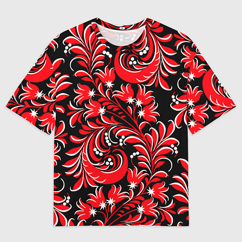 Мужская футболка оверсайз Хохлома - красная роспись / 3D-принт – фото 1