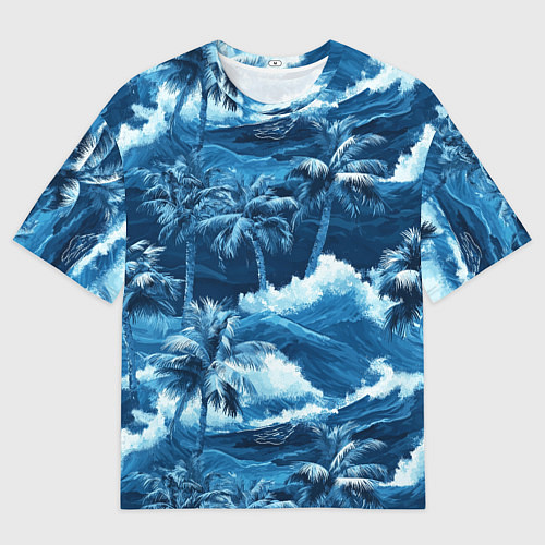 Мужская футболка оверсайз Пальмы и волны - голубые оттенки паттерн / 3D-принт – фото 1