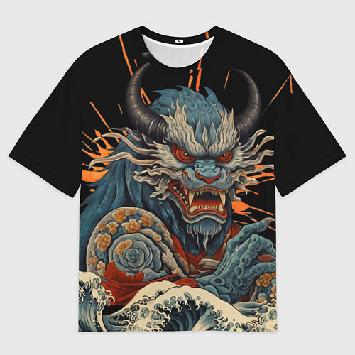 Мужская футболка оверсайз Японский дракон и волны в стиле тату ирезуми / 3D-принт – фото 1