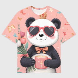 Мужская футболка оверсайз Панда с поздравлениями и с цветами