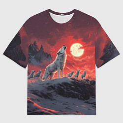 Мужская футболка оверсайз Волк воет на красную луну