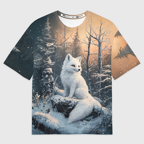Мужская футболка оверсайз Белый лисенок в зимнем лесу / 3D-принт – фото 1