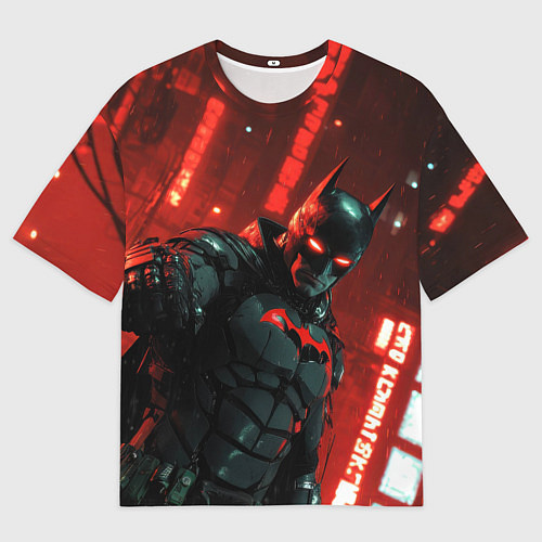 Мужская футболка оверсайз Черный Бэтмен на фоне красного города / 3D-принт – фото 1