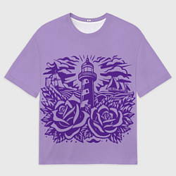 Мужская футболка оверсайз Маяк с розами и корабли