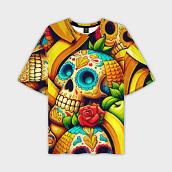 Мужская футболка оверсайз Colorfull skulls and bananas - pop art pattern