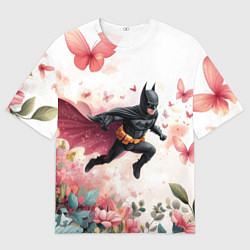 Мужская футболка оверсайз Бэтмен прыгает над цветами и бабочками