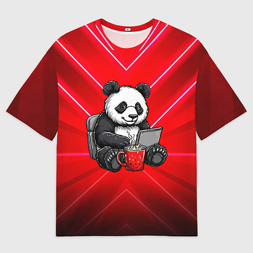 Мужская футболка оверсайз Панда работает за ноутбуком / 3D-принт – фото 1