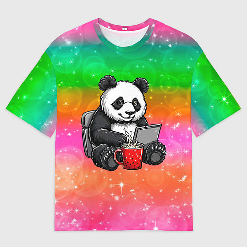 Мужская футболка оверсайз Панда с кофе за ноутом / 3D-принт – фото 1