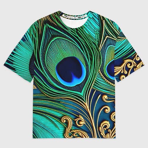 Мужская футболка оверсайз Зеленые перья павлина / 3D-принт – фото 1